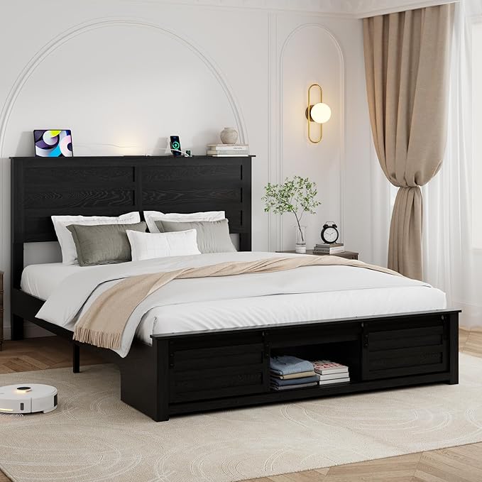 Queen Size Bed Frame with Wood Headboard, Wooden Platform Bedframe with Sliding Barn Door Footboard and Charging Station Easy Assembly, No Box Spring Needed (Black, Queen)
