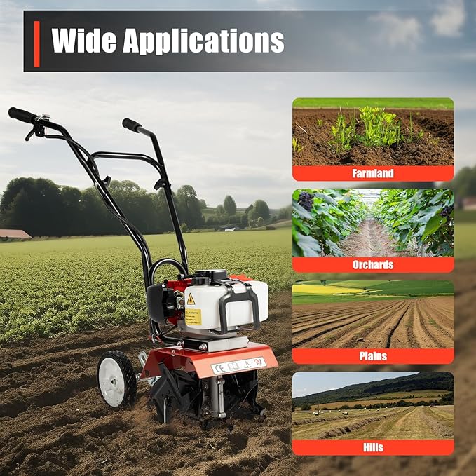 52CC 2-Stroke Garden Tiller Cultivator, 1.7KW Gas Garden Rototiller Tiller Machine with Infinite Speed Regulation, 7000RPM Garden Cultivator Farm Lawn Tilling Tool for Cultivation Trenching Loosening