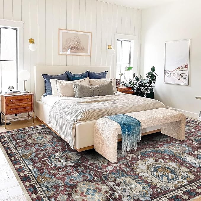 RUGSURE Washable Area Rugs - Perfect for Living Room, Bedroom, Kids Room, Nursery - Stain & Water Resistant Non-Slip, Pet & Child Friendly, Vintage Tribal Area Rugs (Burgundy and Blue, 3' x 5 ')