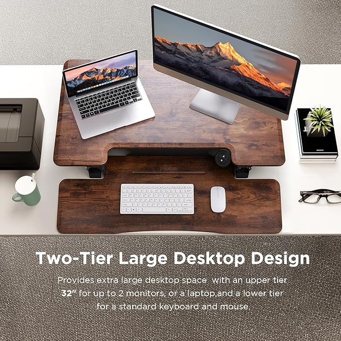32" Electric Standing Desk Converter, Dyropcurv Series Height Adjustable Computer Desk Ergonomic Home Office Desk for Adults, Sit to Stand Desk with Quiet Motor, Vintage Brown