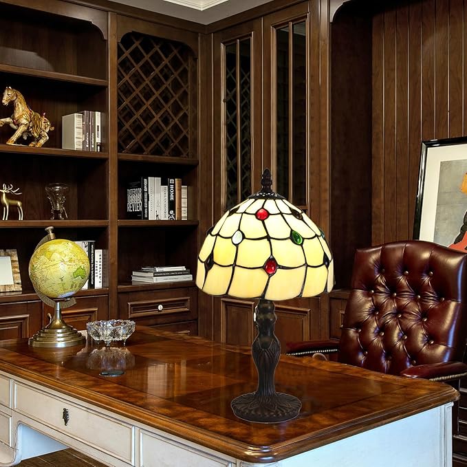 Tiffany Style Table Lamp, 8 Inch Stained Glass Lamp, Small Antique Bedside Lamp, for Nightstand Bedroom Living Room Home Office, Include LED E26 Bulb