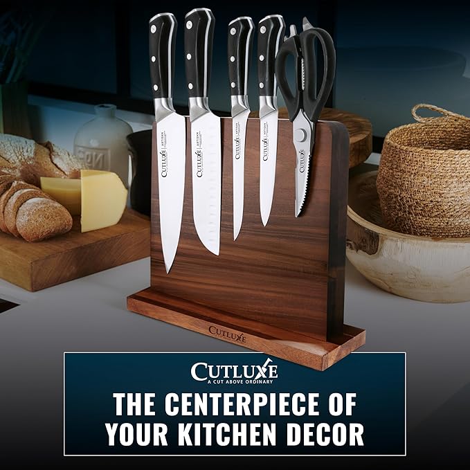 Cutluxe Magnetic Knife Block, Double-Sided Acacia Wood Knife Holder