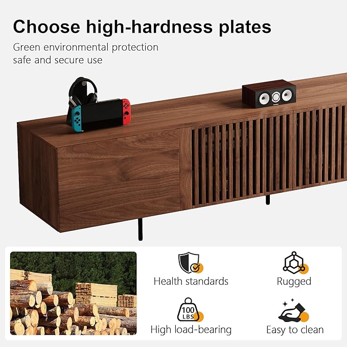 Pajiasen 94.48″ Mid Century Modern Walnut TV Stand with Grille Doors, Storage Cabinets,Entertainment Center for TVs Up to 80",Media Console for Living Room or Bedroom