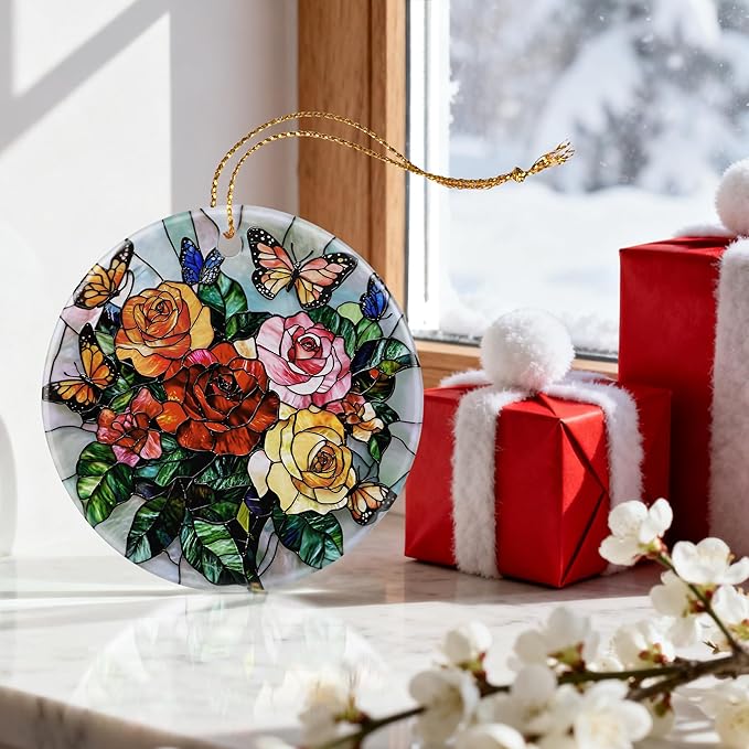 Butterfly & Rose Ornament | Christmas Ornaments, Christmas Decorations, Hanging Ornaments for Tree, Holiday Decor Gifts | Gifts for Flower Lover, Women, Friend, Neighbor | Gift Exchange Ideas