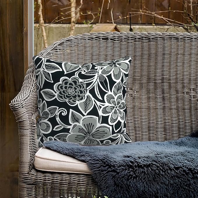 Outdoor Throw Pillow Covers 16x16 Inch, Square Patio Pillow Cases Pack of 2, Modern Decorative Back Cushion Covers for Patio Furniture Garden Couch Farmhouse,Flower Black