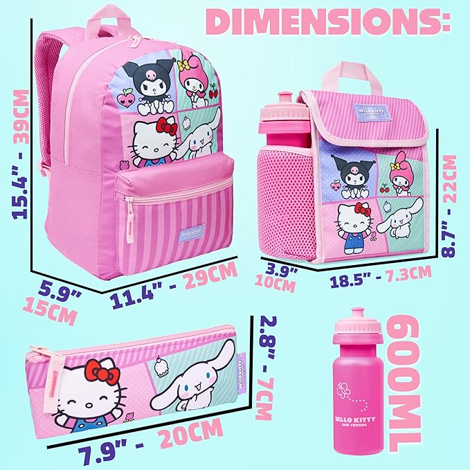 Hello Kitty Sanrio Backpack Set for Girls 4 Pcs Water Bottle Lunch Bag Pencil Case School Supplies Cinnamoroll Kuromi My Melody Gifts for Girls