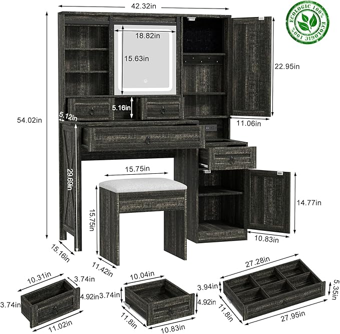 Farmhouse Makeup Vanity Desk with Sliding Mirror and Lights, 42" Glass Top Vanity Table with Charging Station & 4 Drawers & 2 Cabinets, Vanity Set for Bedroom, Dressing Table with Stool, Black