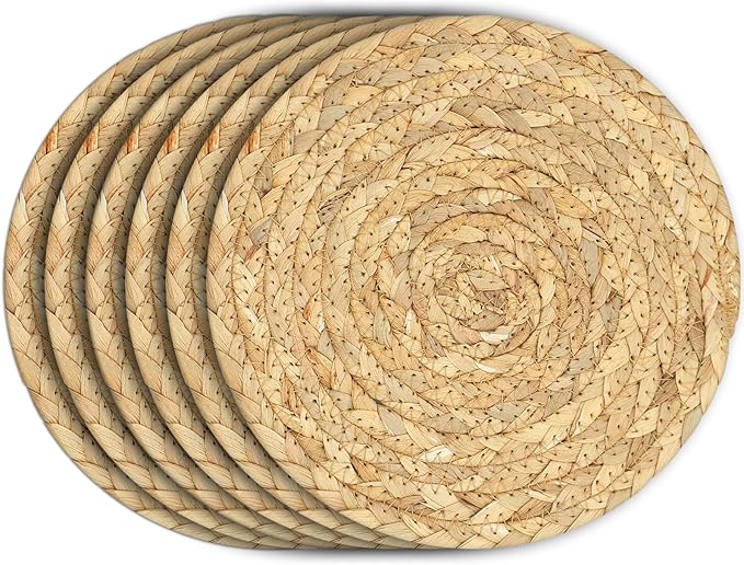 Boho Trivets for Hot Dishes, Pots and Pans, Farmhouse Water Hyacinth Hot Pads 8 Inch, Straw Pot Holders for Kitchen, Rustic Braided Heat Resistant Mat, Jute Coasters Set Wicker Decor (Natural 3 Pcs)