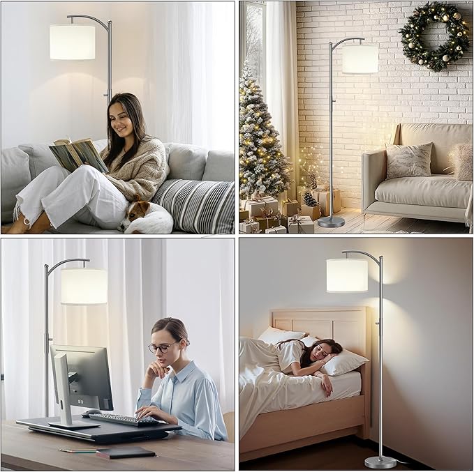 Dimmable Floor Lamp, Arc Floor Lamps for Living Room, Stepless Dimming Modern Standing Lamp with Linen Shade, Tall Lamp for Bedroom Office Dining Room- Grey
