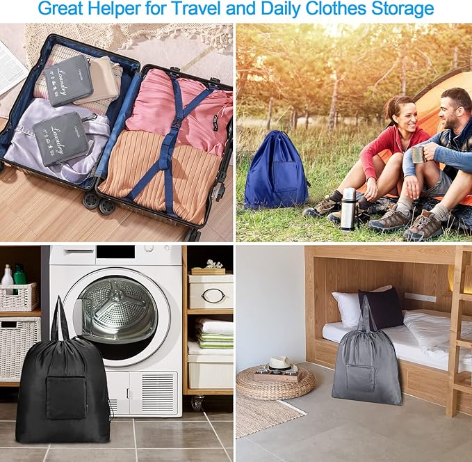 GOGOODA Travel Laundry Bags with Drawstring Closure XL Large Foldable Dirty Clothes bags with Handle Heavy Duty and Washable for College Dorm Travelling Camping, 2 Pack, Black & Beige