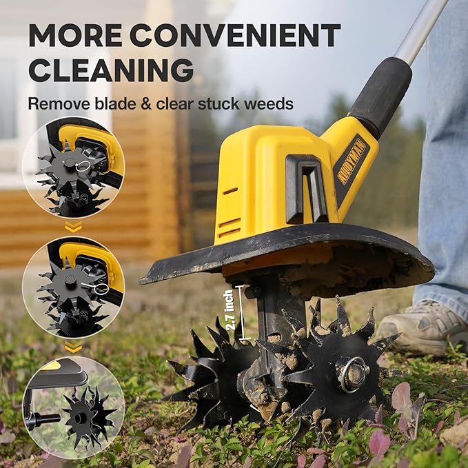 Alloyman 20V Cordless Tiller Cultivator, 360RPM Electric Garden Tiller, with 2 * 2.0Ah Batteries & Charger, 9In Tilling Width and 6.6In Depth Garden Rototiller for Lawn/Gardening/Soil Cultivation