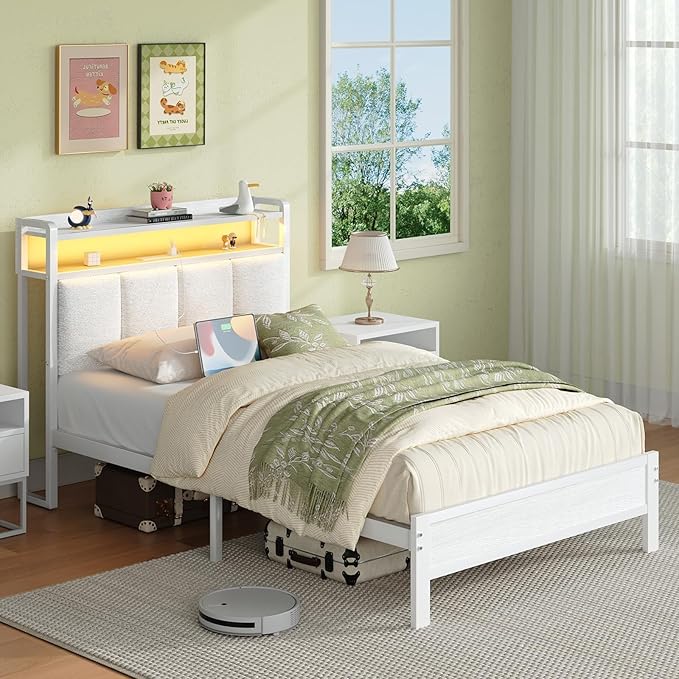 Twin Bed Frames with Charging Station and LED Lights, Metal Platform Bed Frame Twin with Upholstered Storage Headboard, Heavy Duty Metal Slats Support, No Box Spring Needed, Easy Assembly, White