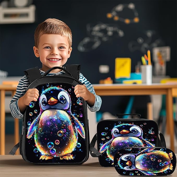 Cute Penguin Backpack Set 3 Piece School Bags and Lunch Box with Pencil Case Penguin Animal Bookbag Set for Toddler Kids Girls Boys Teens Kindergarten Elementary Middle