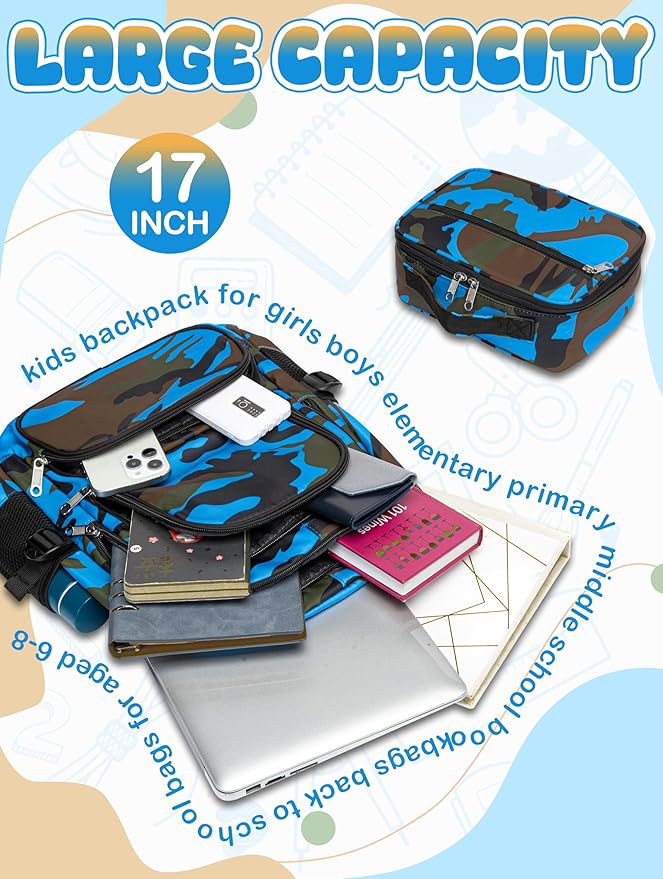 BLUEFAIRY Kids Backpack with Lunch Box for Girls Boys Elementary Primary Middle School Bag with Lunch Bag Set 17 Inch Bookbag Mochilas Escolares para Niñas Niños (Camo, Sky Blue)