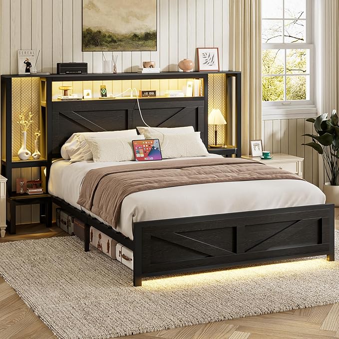 Full Size Rustic Bed Frame with Storage Born Door Headboard and Bedside Storage, Industrial Farmhouse Metal Platform Bed Frame with Charging Station and LED Lights, Black
