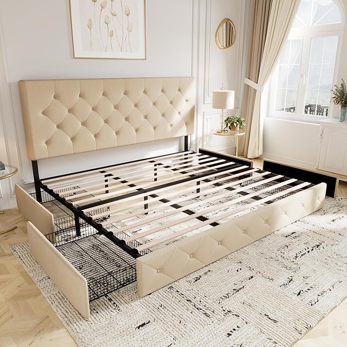 Allewie Upholstered King Size Platform Bed Frame with 4 Storage Drawers and Headboard, Diamond Stitched Button Tufted, Mattress Foundation with Wooden Slats Support, No Box Spring Needed, Beige