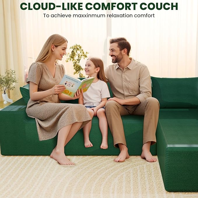 LEVELEVE 107" Cloud Sectional Couch with Deep Seat,Modern Modular Sofa with L-Shape Chaise,No Assembly Required, Upholstered Couches for Living Room Bedroom(Green,Right Facing Chaise)