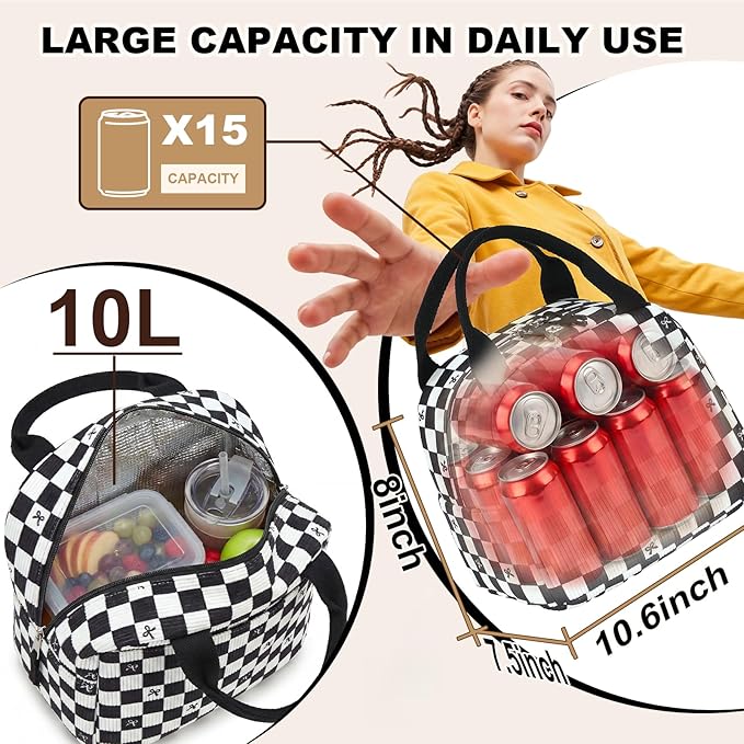LEDAOU Lunch Box for Women Insulated Lunch Bag Corduroy Lunch Tote Bags Leakproof Cooler Lunch Case for Travel Work Picnic (Black Checkered Bow)