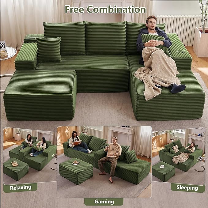 107" U-Shape Cloud Couch, Modern Modular Sectional Comfy L-Shape Sofa with Ottoman, Deep Seat, Upholstered Corduroy Sleeper Chaise Longue for Living Room Bedroom, No Assembly Required, Green