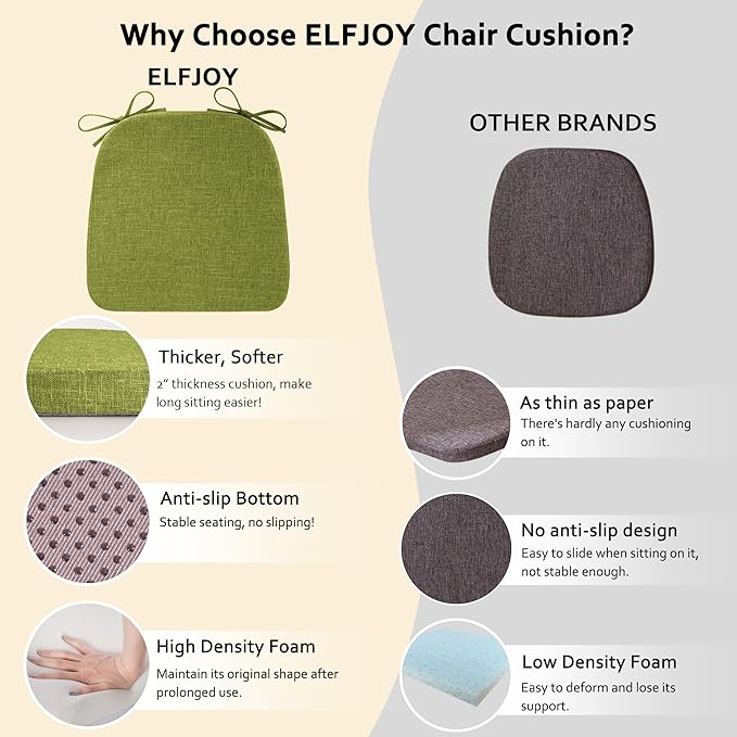 ELFJOY Chair Cushions for Dining Chairs Non Slip Chair Pads Set of 4 Seat Cushions with Ties Indoor 16.7" x 16" Green
