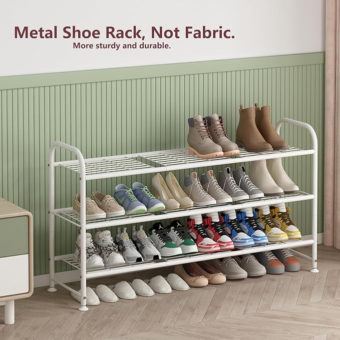 LINZINAR Shoe Rack Long 3 Tier Shoe Storage Organizer Metal Wide Shoe Shelf for Closet Entryway Bedroom 24 Paris Large Capacity, Black (White, 3-Tier)