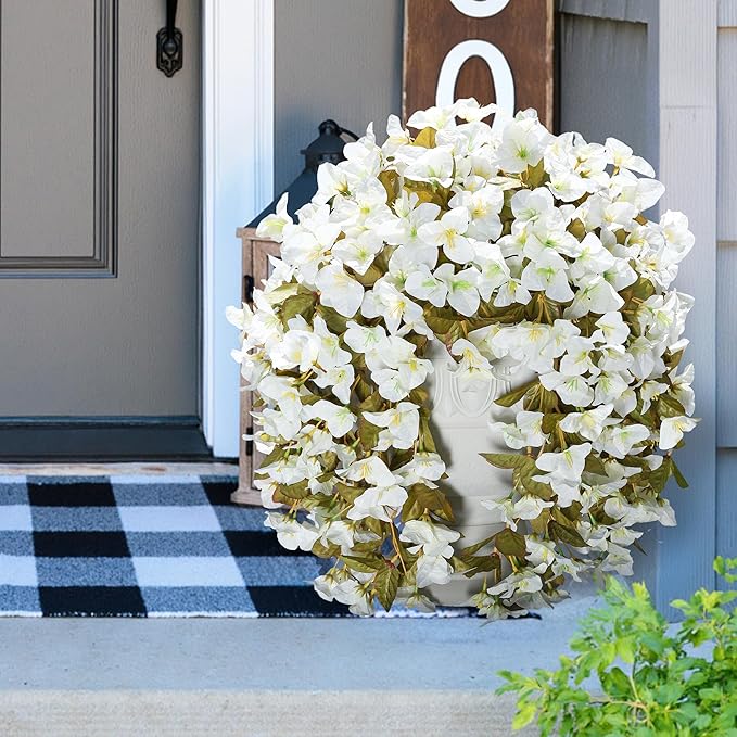 Bougainvillea Artificial Flowers Fake Plants for Outdoors Winter Decoration, 2 pcs Faux Long Trailing Vines UV Resistant Look Real White Silk Flowers for Outside Planter Front Door Porch Urn Yard Home
