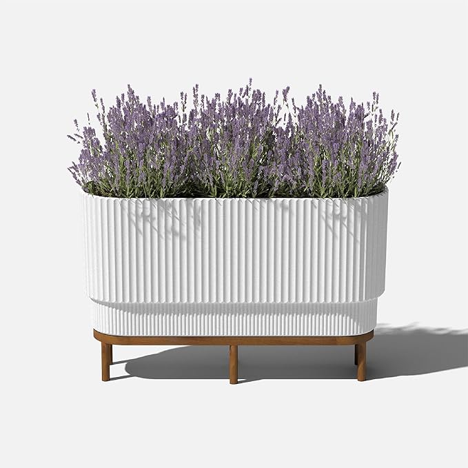 Veradek Demi Series Raised Long Planter for Indoor/Outdoor Use | Made from Plastic & Stone w/Wooden Stand | Modern Patio Décor for Flowers/Shrubs