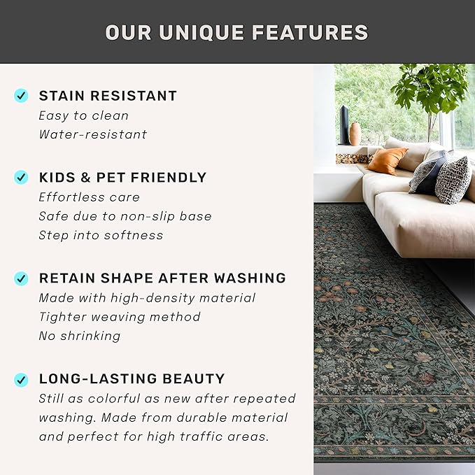 Dining Room Rugs for Under Table - 7x9 Washable Dark Green Oriental Area Rug for Living Room, Non-Slip Floor Carpet for Bedroom Under Bed - Vintage Design & Stain Resistance