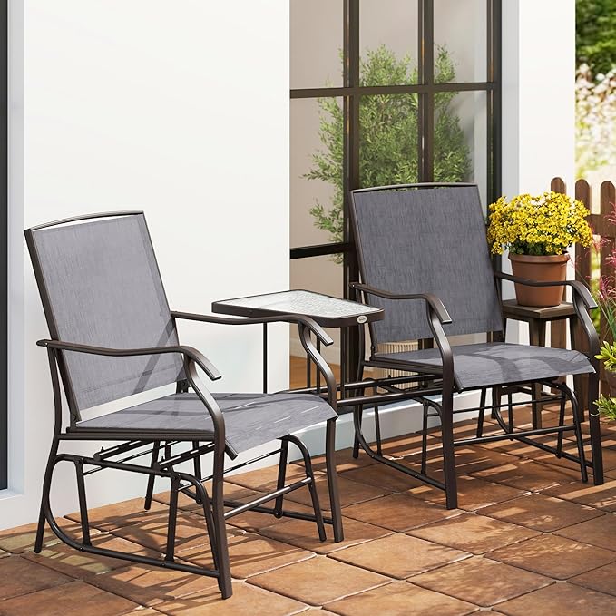 Outsunny Outdoor Glider Chairs with Coffee Table, Patio 2-Seat Rocking Chair Swing Loveseat with Breathable Sling for Backyard, Garden, and Porch, Gray