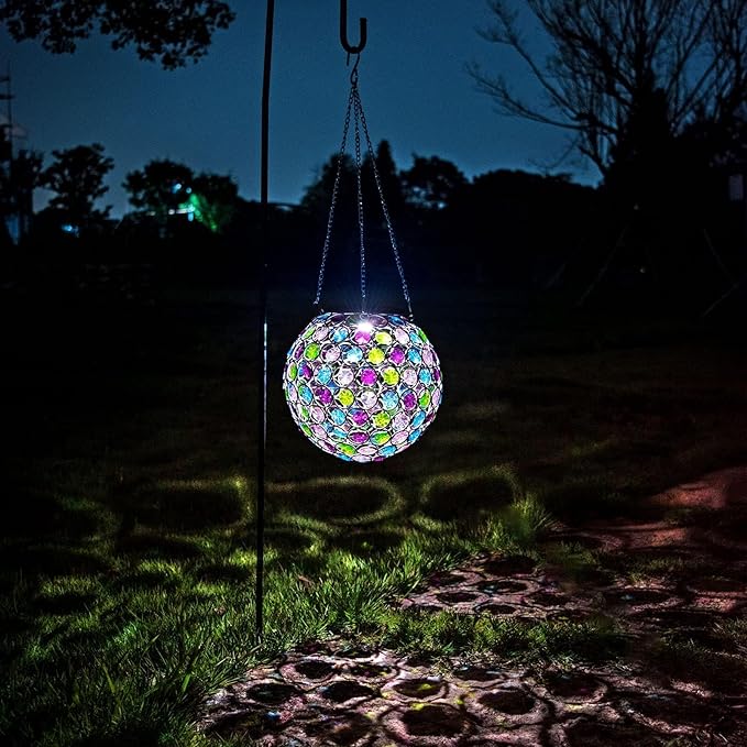 Solar Hanging Lantern Outdoor Lights, Dual LEDs Color Changing and Cool White Hanging Light Waterproof Crystal Globe Lamp Decoration in Garden, Pathway, Front Door - Multi Color