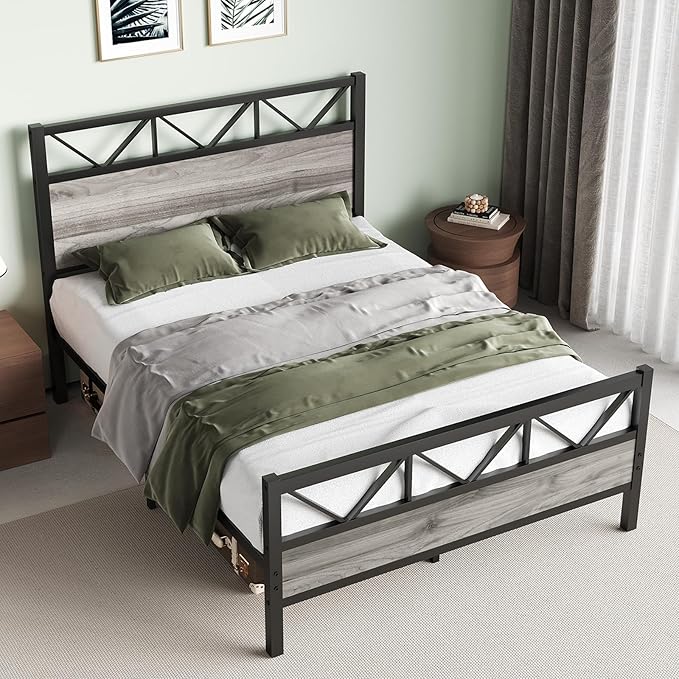Full Size Bed Frame, 51.2" Tall Industrial Headboard, Full Platform Bed Frame with Strong Steel Slats Support, Noise Free, No Box Spring Needed, Easy Assembly, Wash Grey