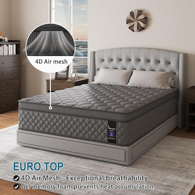 Full Mattress, 10 Inch Euro Top Mattress Grey Hybrid Medium Firm for Back & Lumbar Support, 100 Night Trial, Individual Pocket Spring for Motion Isolation & Pressure Relief