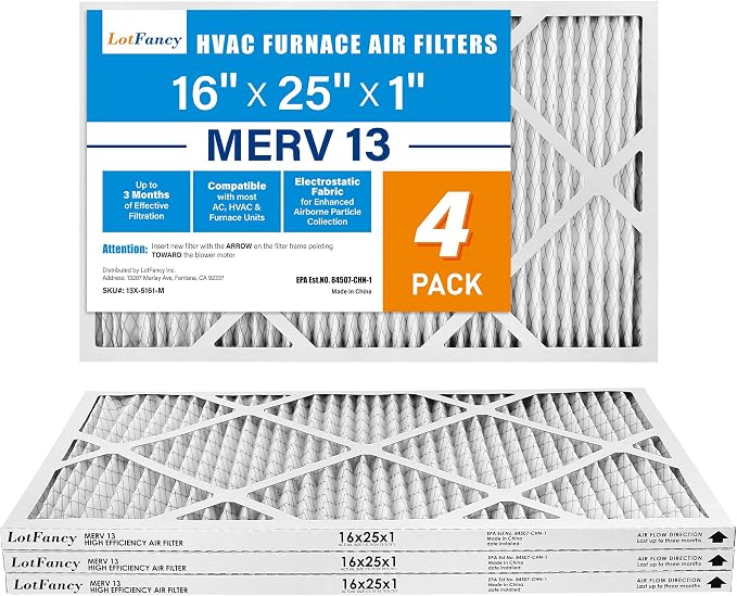 LotFancy 16x25x1 Air Filter MERV 13 4-Pack, Electrostatic Pleated HVAC Furnace