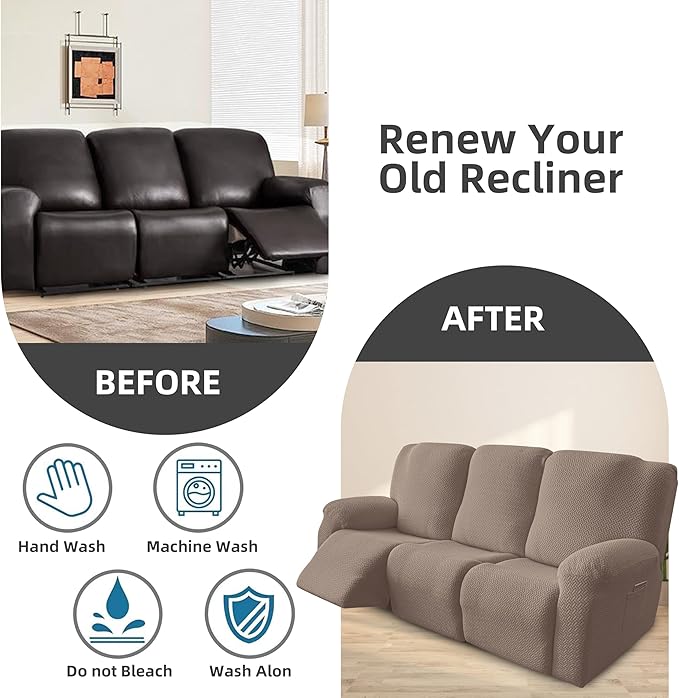 Genina Recliner Sofa Covers - Stretch Reclining Couch Covers with Stripe Jacquard - 3 Seat Cushion Slipcovers with Soft Fabric - Furniture Protector for Pet Kid (Light Gray)