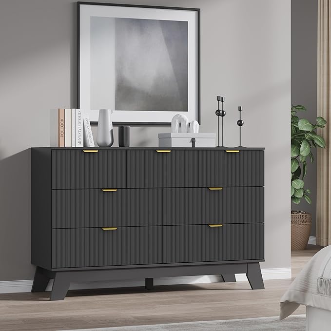 Fluted 7 Drawer Dresser, 47.2" Wide Modern Boho Chest of Drawers, Wooden Storage Dresser TV Stand for Bedroom, Living Room, Closet, Hallway, Curved Profile Design