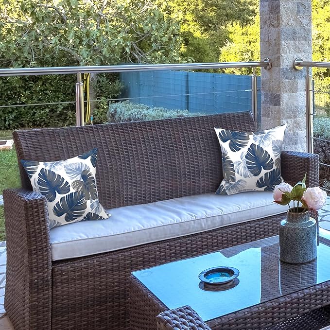 LVTXIII Outdoor Throw Pillow Covers 18 x 18 Inch, Covers ONLY Modern Paisley Pattern Decorative Square Toss Pillow Case Pack of 2 for Home Patio Garden Sofa Bed Furniture, Monstera Blue