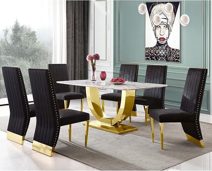 AUZ Black and Gold Dining Chairs Set of 8, Black Velvet Upholstered Dining Room Chairs with Nailhead Trim, Modern High Back Dining Chairs with Gold Legs