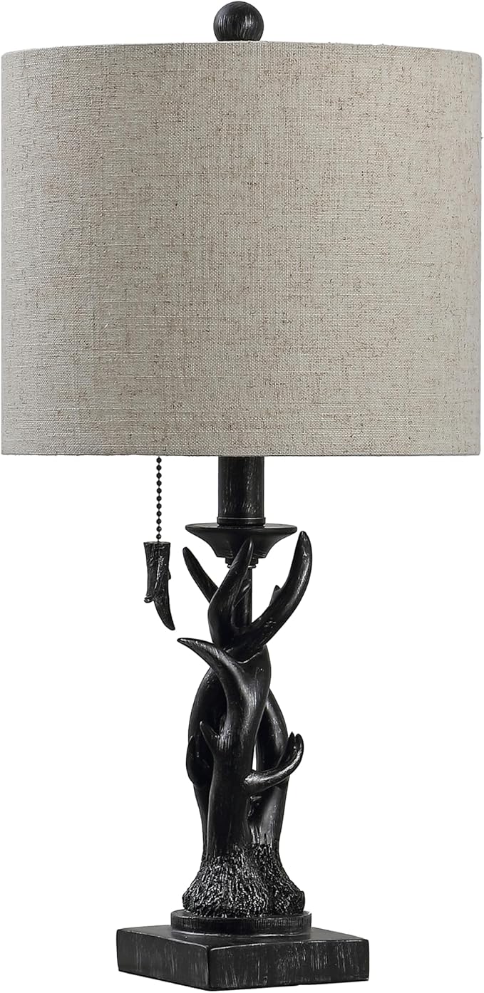 JONATHAN Y 20.5" Antique Black Rustic Antler Table Lamp for Bedroom Farmhouse Decor, Mini Faux Antler Desk Lamp with Gray Linen Shade, Lodge Cabin Nightstand Lamp, LED Bulb (JYL1031B)