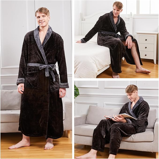 FashGudim Mens Robes Big and Tall Full Length Plush Fleece Long Robe for Men Bathrobe Shawl Collar Warm Winter House Robes