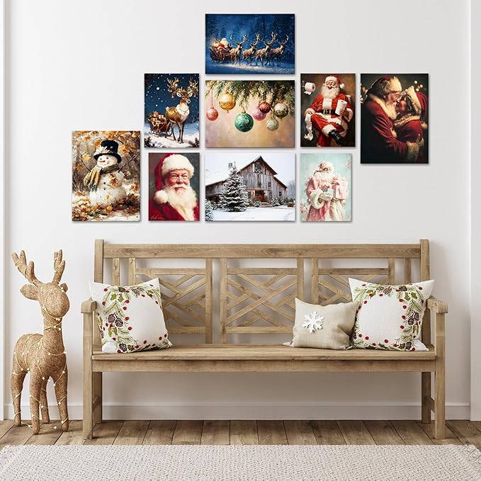 AbcCustomize Vintage Reindeer & Gift Boxes Christmas Wall Art - Snowy Holiday Scene Canvas Print with Festive Lights, Rustic Winter Decor for Room, Perfect Christmas Gifts & Holiday Decorations
