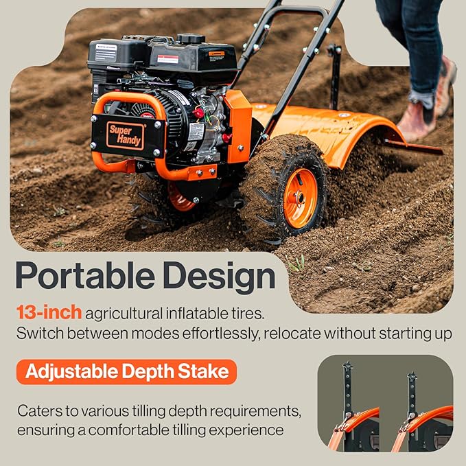 SuperHandy Tiller Cultivator – 7HP 209cc Engine, Adjustable Tilling Width & Depth, Heavy-Duty Steel Tines for Garden Soil Prep, Landscaping & Weed Removal (Rear Tine Tiller)