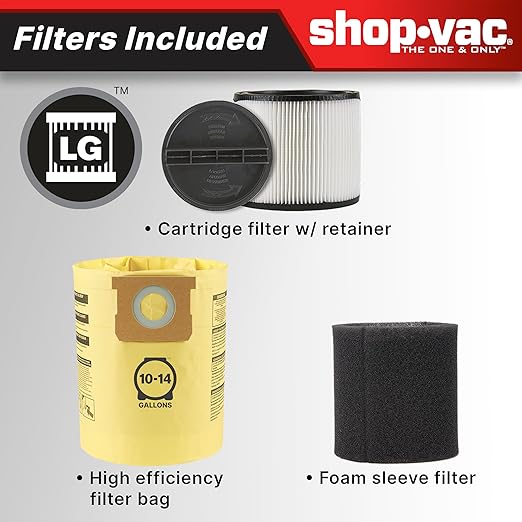Shop-Vac 5801411 14-Gallon Wet/Dry Shop Vacuum, 5.5 Peak HP, 2.5 Inch Diameter x 7 Foot Hose, 20 Foot Cord, Ideal for Home, Garage, and Workshop Cleaning