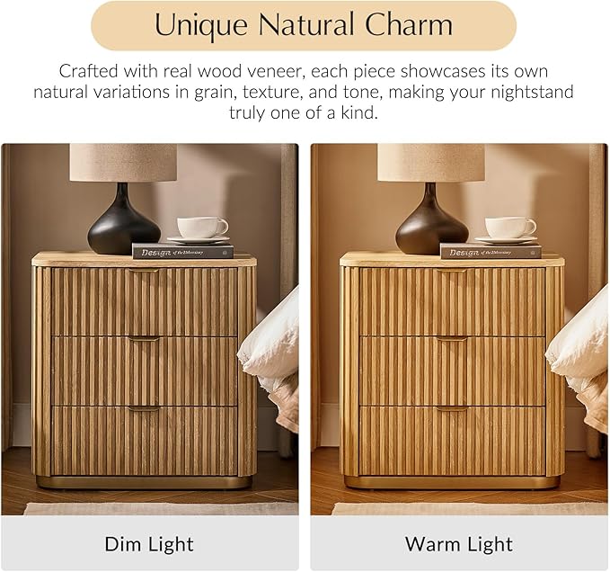 Fluted Nightstand Set of 2 with 3 Drawers, Modern End Table with Charging Station, USB Type-C Ports & Metal Frame for Bedroom,Natural