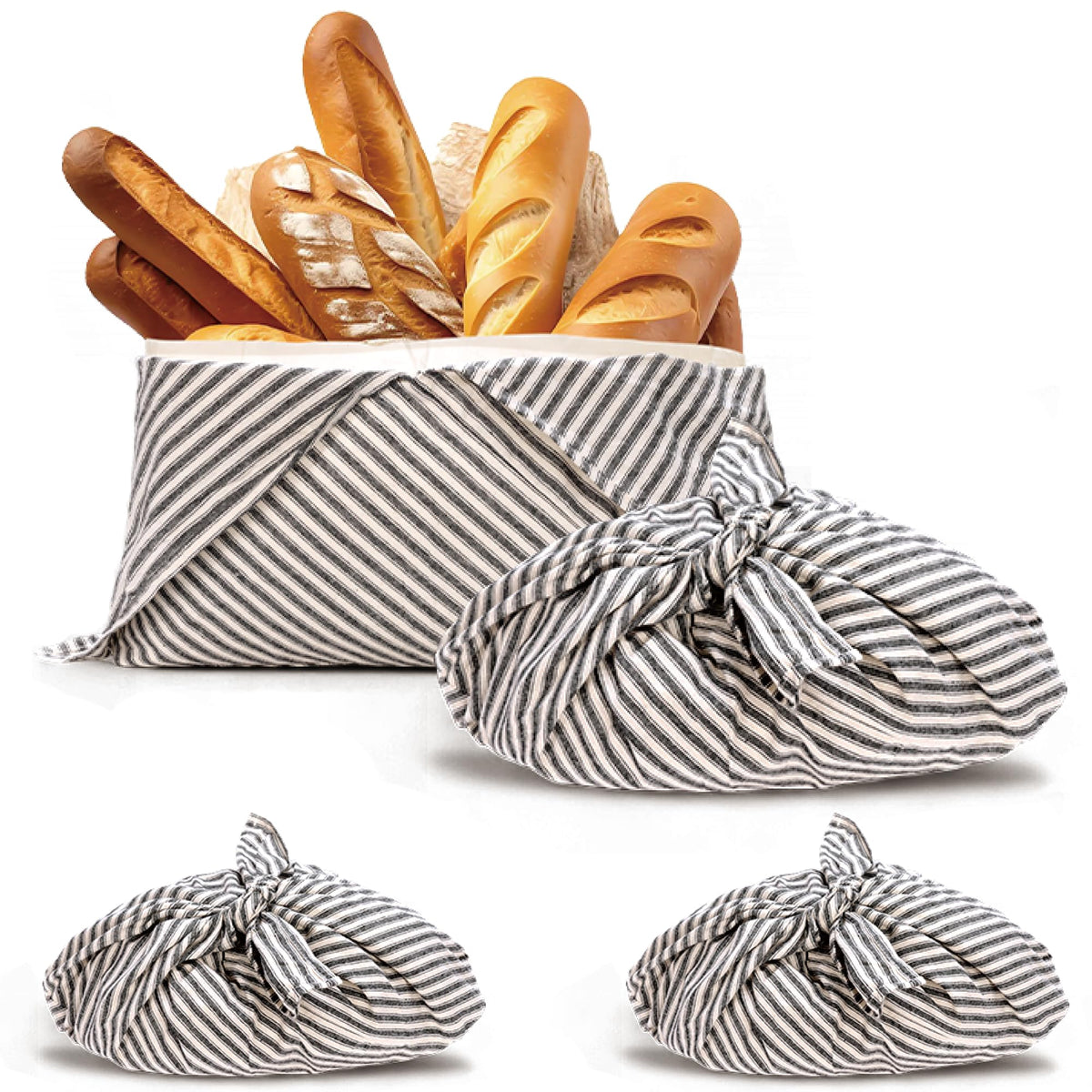 yeload 2 Pack Beeswax Bread Bags, Striped Linen Bento Bags, 14" Cotton Loaf Bag, Reusable Organic Food Storage, Sourdough Bag, Rustic Farmhouse Azuma Bukuro Origami Wrap for Baked Gifts (Red, 2)