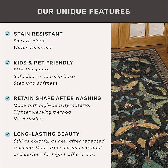 Green and Black 3x10 Wide Washable Runner Rugs for Hallway, Boho Insect Design Long Runner Rug for Kitchen Non Slip, Large Entryway Mats, Low Pile & Soft Stain Resistant Carpet
