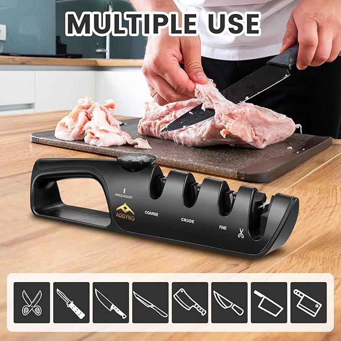 ADDYNO Knife Sharpener, Adjustable Angle 4-in-1 Kitchen Knife Sharpener, 3-Stage Coarse Sharpen Fine with Scissors Slot, Non-Slip Base Ergonomic Handle for Household Knives and Scissors