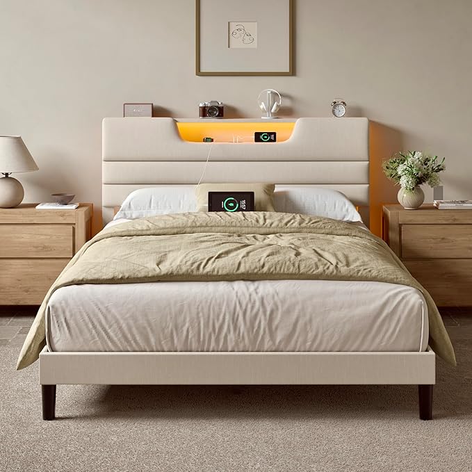 Queen Size Bed Frames with Upholstered Headboard, Modern Platform Bed with Charging Station and Led Lights, Bed Frame with Sturdy Wooden Slats/No Box Spring Needed/2-Tier Storage, Beige