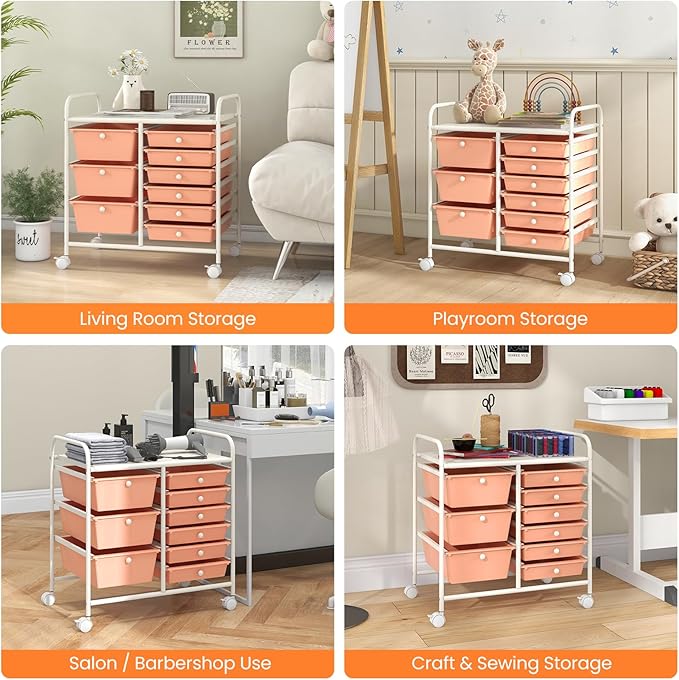 COSTWAY Rolling Storage Cart with 9 Drawer, Mobile Utility Cart with Metal Frame, Art Supply Craft Organizer, Multipurpose Storage Organizer for Paper, Office, School Teacher, Classroom, Peach