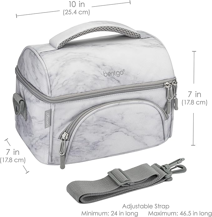 Bentgo Deluxe Lunch Bag - Durable and Insulated Lunch Tote with Zippered Outer Pocket, Internal Mesh Pocket, Padded & Adjustable Straps, & 2-Way Zippers - Fits Most Lunch Boxes (White Marble)