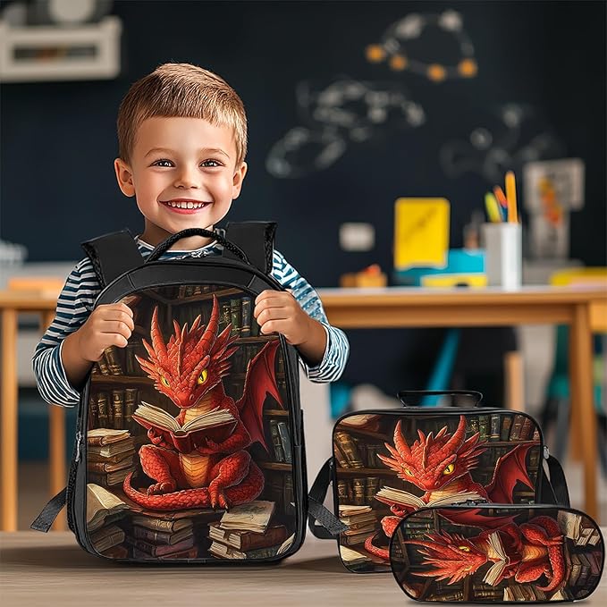 Dragon Backpack Set 3 Piece School Bags and Lunch Box with Pencil Case Funny Dragon Reading Bookbag Set for Toddler Kids Girls Boys Teens Kindergarten Elementary Middle